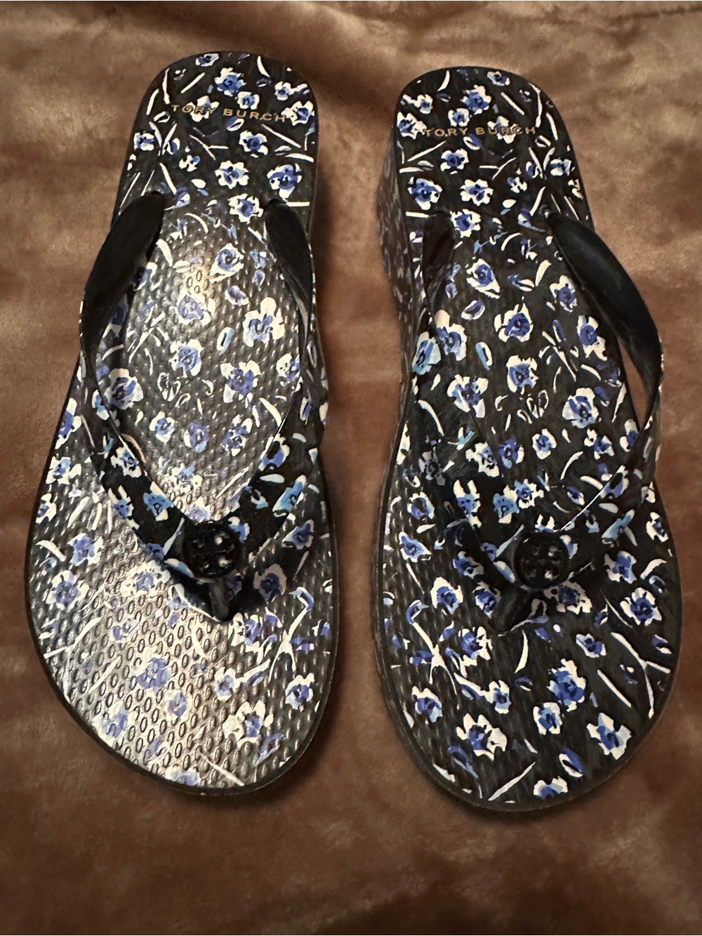 Tory Burch Black Floral Platform Flip Sandals with Blue Flowers